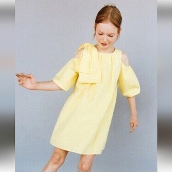 ZARA Yellow Poplin Bow Cold Shoulder Drezs. Size 13/14 - Picture 1 of 16